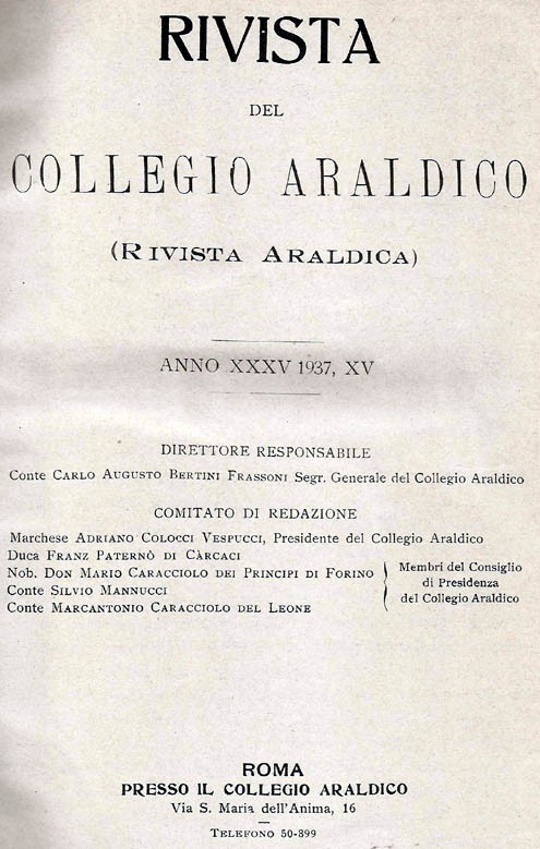 RIVISTA DEL COLLEGIO ARALDICO (RIVISTA ARALDICA), ANNO XXXV, 1937
